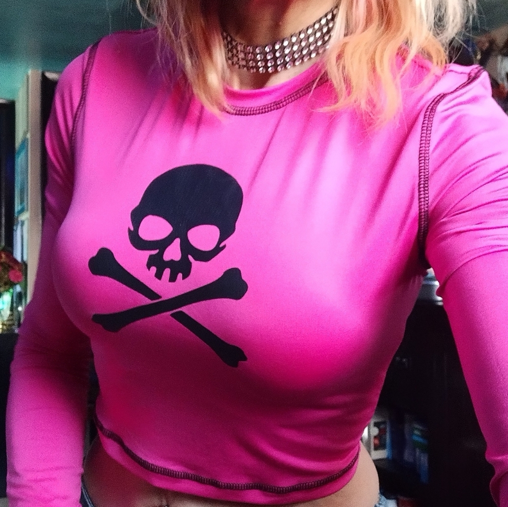 Hot Pink Long Sleeve Crop Top with Skull Design